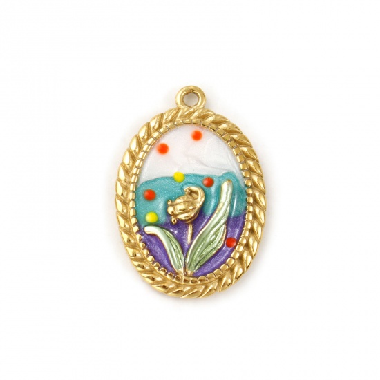 Imagen de 1 Unidad Recubrimiento al Vacío PVD Ecológico 304 Acero Inoxidable Colgantes 18K Oro Real Chapado Multicolor Esmalte Óvalo Flor de Tulipán Perlado 3cm x 2.1cm