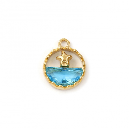 Immagine di 1 Pz Placcatura Sottovuoto PVD Ecologica 304 Acciaio Inossidabile & Vetro Gioielli Oceanici Ciondoli 18K Vero Oro Placcato Blu Tondo Stella Marina Filigrana 18mm x 14.5mm