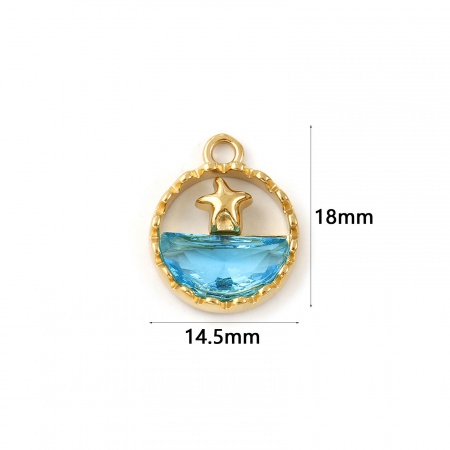 Picture of 1 Piece Eco-friendly PVD Vacuum Plating Waterproof Anti-Tarnish Hypoallergenic 304 Stainless Steel & Glass Ocean Jewelry Charms 18K Real Gold Plated Blue Round Starfish Hollow 18mm x 14.5mm