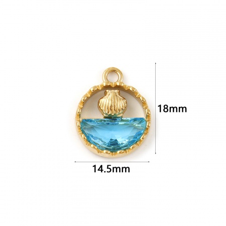 Picture of 1 Piece Eco-friendly PVD Vacuum Plating Waterproof Anti-Tarnish Hypoallergenic 304 Stainless Steel & Glass Ocean Jewelry Charms 18K Real Gold Plated Blue Round Shell Hollow 18mm x 14.5mm