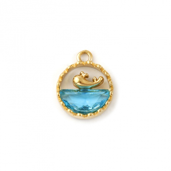 Immagine di 1 Pz Placcatura Sottovuoto PVD Ecologica 304 Acciaio Inossidabile & Vetro Gioielli Oceanici Ciondoli 18K Vero Oro Placcato Blu Tondo Balena Filigrana 18mm x 14.5mm