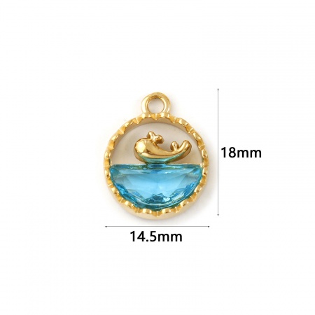 Picture of 1 Piece Eco-friendly PVD Vacuum Plating Waterproof Anti-Tarnish Hypoallergenic 304 Stainless Steel & Glass Ocean Jewelry Charms 18K Real Gold Plated Blue Round Whale Animal Hollow 18mm x 14.5mm
