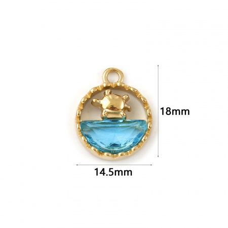 Picture of 1 Piece Eco-friendly PVD Vacuum Plating Waterproof Anti-Tarnish Hypoallergenic 304 Stainless Steel & Glass Ocean Jewelry Charms 18K Real Gold Plated Blue Round Tortoise Hollow 18mm x 14.5mm