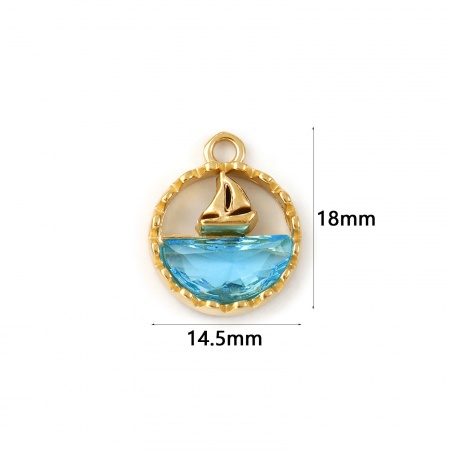 Picture of 1 Piece Eco-friendly PVD Vacuum Plating Waterproof Anti-Tarnish Hypoallergenic 304 Stainless Steel & Glass Ocean Jewelry Charms 18K Real Gold Plated Blue Round Sailing Boat Hollow 18mm x 14.5mm