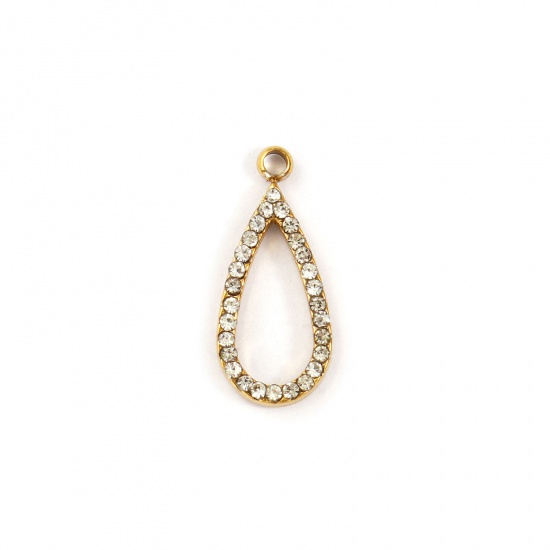 Immagine di 2 Pz Placcatura Sottovuoto PVD Ecologica 304 Acciaio Inossidabile Geometrico Ciondoli Placcato Oro 18K Goccia Filigrana Trasparente Cubic Zirconiae 21mm x 9mm