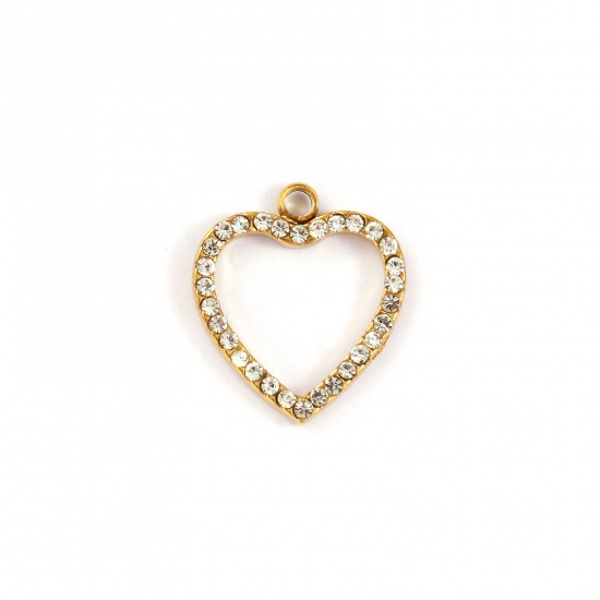 Immagine di 2 Pz Placcatura Sottovuoto PVD Ecologica 304 Acciaio Inossidabile San Valentino Ciondoli Placcato Oro 18K Cuore Filigrana Trasparente Cubic Zirconiae 17mm x 15mm