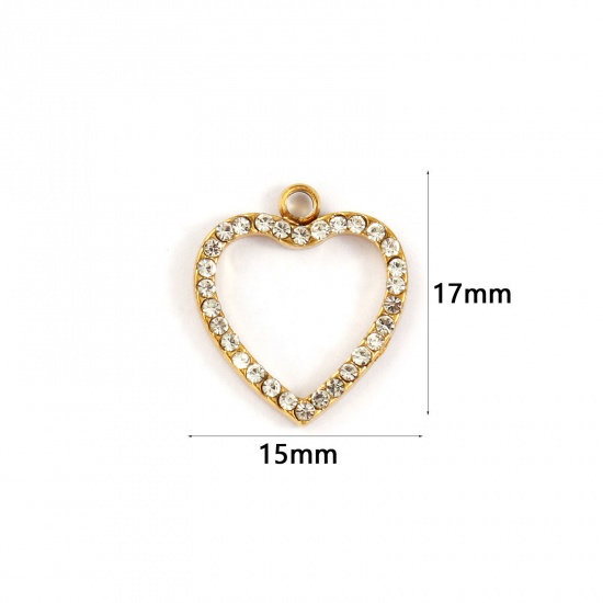 Immagine di 2 Pz Placcatura Sottovuoto PVD Ecologica 304 Acciaio Inossidabile San Valentino Ciondoli Placcato Oro 18K Cuore Filigrana Trasparente Cubic Zirconiae 17mm x 15mm