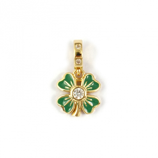 Immagine di 2 PCs Eco-friendly Brass European Style Dangle Charm Beads For Bracelet Necklace Jewelry Making 18K Real Gold Plated Green Enamel Four Leaf Clover Micro Pave Clear Cubic Zirconia 21mm x 11.5mm