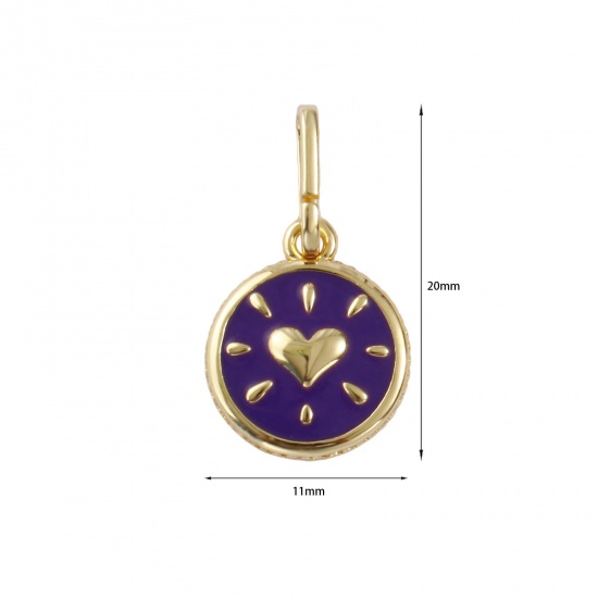 Изображение 2 PCs Eco-friendly Brass Valentine's Day Charms 18K Real Gold Plated Purple Enamel Round Heart 20mm x 11mm