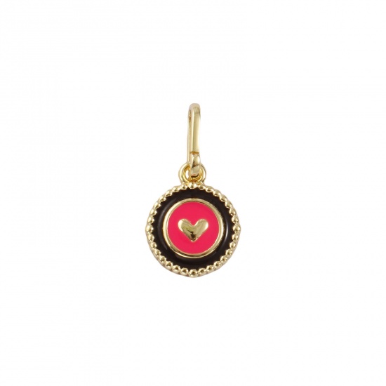 Изображение 2 PCs Eco-friendly Brass Valentine's Day Charms 18K Real Gold Plated Hot Pink Enamel Round 19mm x 10mm