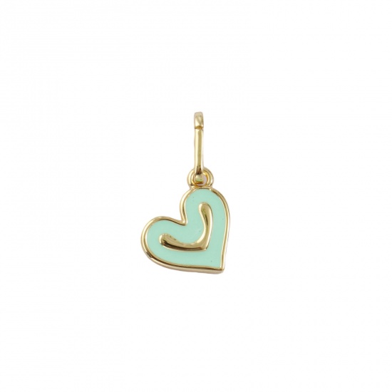 Изображение 2 PCs Eco-friendly Brass Valentine's Day Charms 18K Real Gold Plated Mint Green Enamel Heart 18mm x 12mm