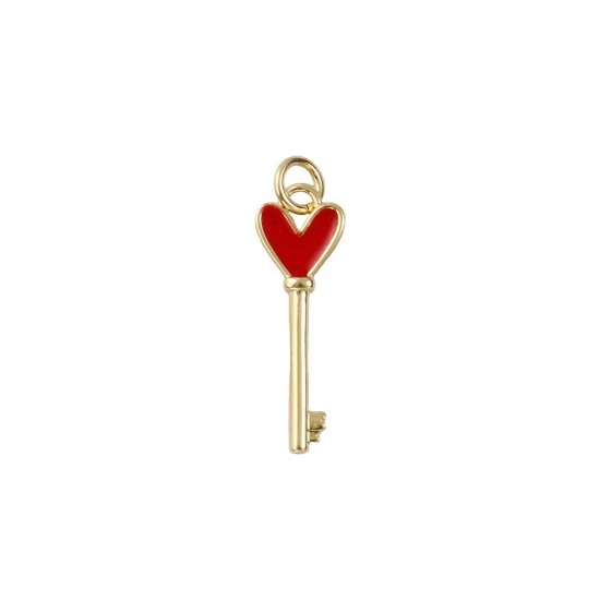 Изображение 2 PCs Eco-friendly Brass Valentine's Day Charms 18K Real Gold Plated Red Enamel Key Heart 26mm x 8mm