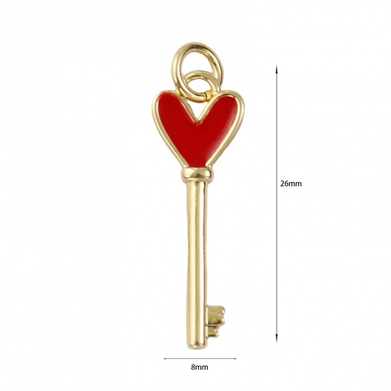 Изображение 2 PCs Eco-friendly Brass Valentine's Day Charms 18K Real Gold Plated Red Enamel Key Heart 26mm x 8mm