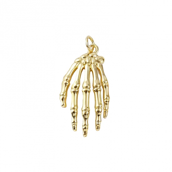 Изображение 2 PCs Eco-friendly Brass Halloween Pendants 18K Real Gold Plated Skeleton Hand 3D 3.2cm x 1.5cm