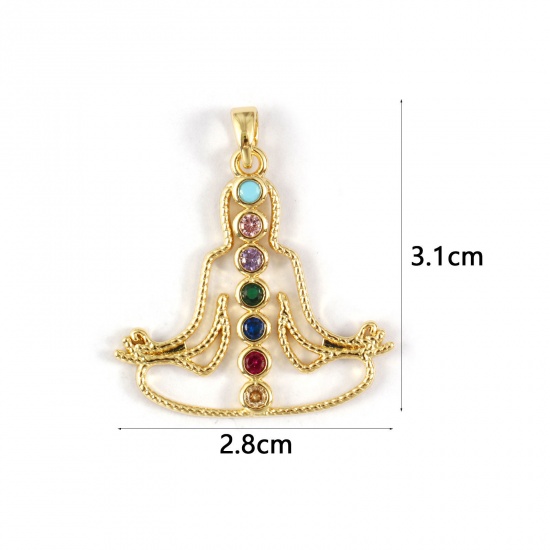 Image de 2 Pcs Pendentifs Religieux Respectueux de la Nature en Laiton Plaqué Or Véritable 18K Humain Yoga Micro Pave à Zircone Cubique Multicolore 3.1cm x 2.8cm