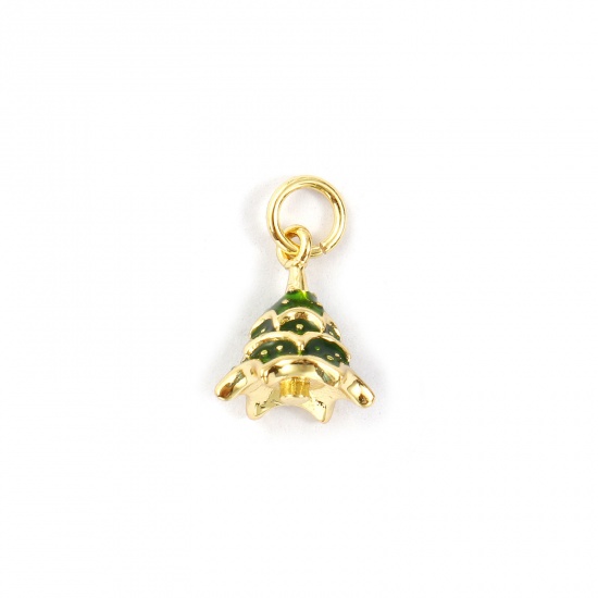 Изображение 2 PCs Eco-friendly Brass Charms 18K Real Gold Plated Green Enamel Christmas Tree 3D 14mm x 10mm