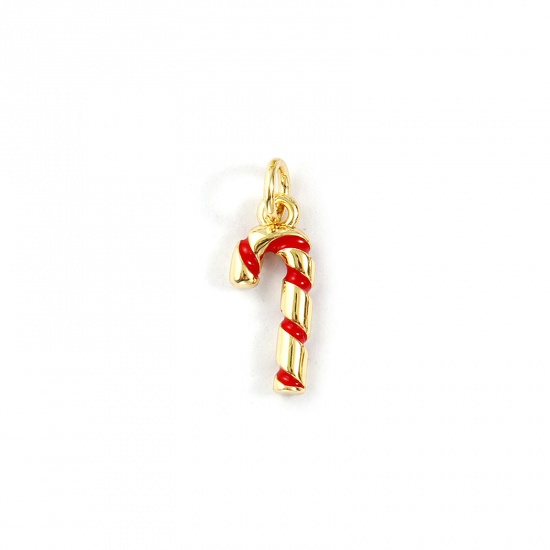 Изображение 2 PCs Eco-friendly Brass Charms 18K Real Gold Plated Red Enamel Christmas Candy Cane 3D 18mm x 6mm