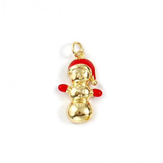 Изображение 2 PCs Eco-friendly Brass Charms 18K Real Gold Plated Red Enamel Christmas Snowman 25mm x 13mm