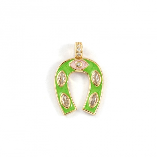 Изображение 1 Piece Eco-friendly Brass Charms 18K Real Gold Plated Green Enamel Luck Horseshoe Pearlized Clear Cubic Zirconia 26mm x 18mm
