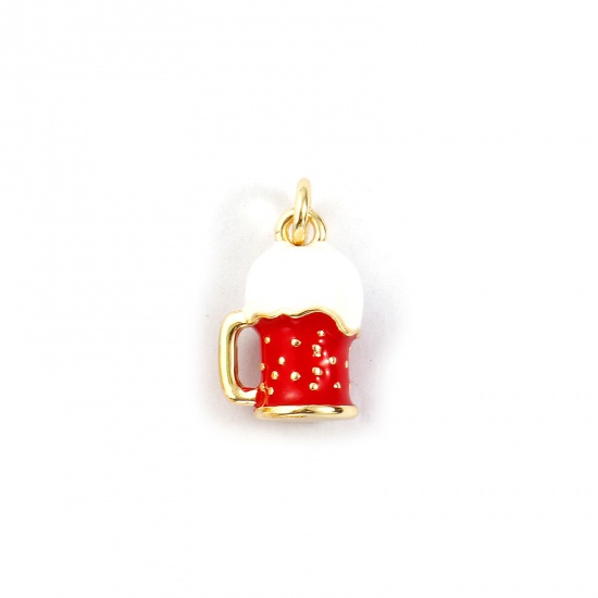 Immagine di 2 PCs Eco-friendly Brass Charms 18K Real Gold Plated Red Enamel Beer Mug 3D 15mm x 8mm