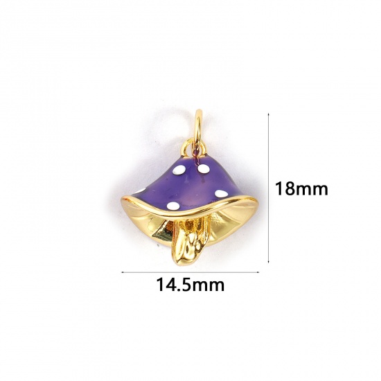 Изображение 2 PCs Eco-friendly Brass Charms 18K Real Gold Plated Purple Enamel Mushroom Spot 3D 18mm x 14.5mm