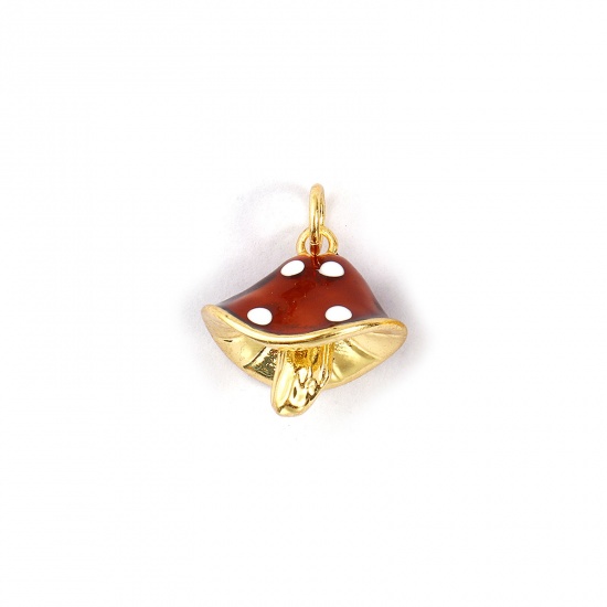Изображение 2 PCs Eco-friendly Brass Charms 18K Real Gold Plated Coffee Enamel Mushroom Spot 3D 18mm x 14.5mm