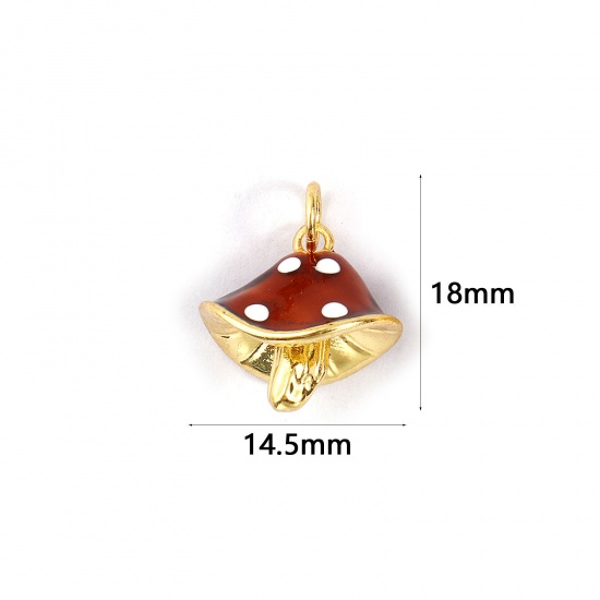 Изображение 2 PCs Eco-friendly Brass Charms 18K Real Gold Plated Coffee Enamel Mushroom Spot 3D 18mm x 14.5mm