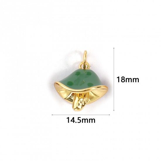 Изображение 2 PCs Eco-friendly Brass Charms 18K Real Gold Plated Dark Green Enamel Mushroom Spot 3D 18mm x 14.5mm
