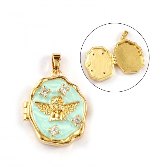 Immagine di 2 PCs Brass Religious Picture Photo Locket Frame Pendants 18K Gold Plated Mint Green Enamel Irregular Angel Can Open Clear Cubic Zirconia 27mm x 18mm