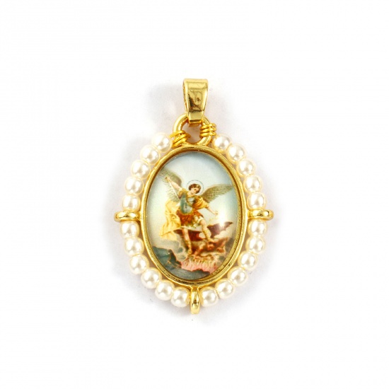 Immagine di 1 Piece Brass & Acrylic Religious Pendants 18K Gold Plated Multicolor Oval Angel 3.3cm x 2.2cm