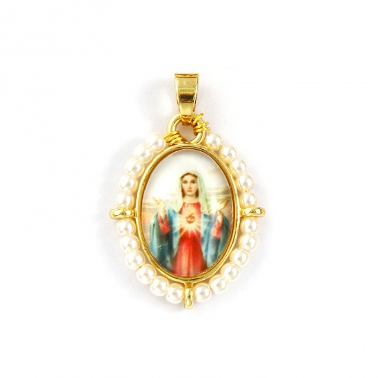 Immagine di 1 Piece Brass & Acrylic Religious Pendants 18K Gold Plated Multicolor Oval Virgin Mary 3.3cm x 2.2cm