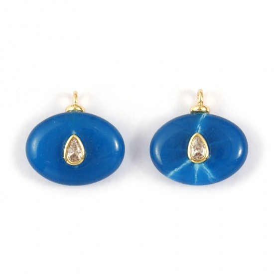 Picture of 1 Piece Eco-friendly Gemstone & Brass Geometric Charms 18K Real Gold Plated Blue Oval Clear Cubic Zirconia 20mm x 20mm