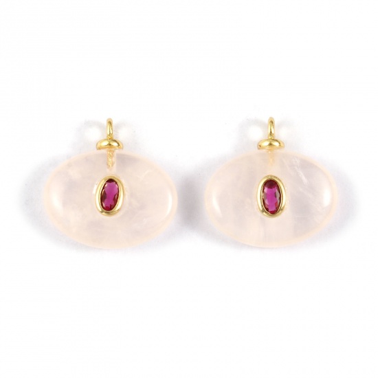 Picture of 1 Piece Eco-friendly Gemstone & Brass Geometric Charms 18K Real Gold Plated Light Pink Oval Fuchsia Cubic Zirconia 20mm x 20mm