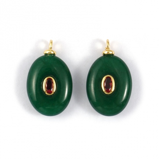 Picture of 1 Piece Eco-friendly Gemstone & Brass Geometric Charms 18K Real Gold Plated Green Oval Wine Red Cubic Zirconia 25mm x 15mm