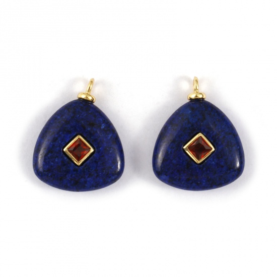 Picture of 1 Piece Eco-friendly Gemstone & Brass Geometric Charms 18K Real Gold Plated Dark Blue Triangle Amber Cubic Zirconia 25mm x 20mm