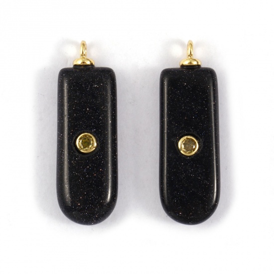 Picture of 1 Piece Eco-friendly Gemstone & Brass Geometric Pendants 18K Real Gold Plated Black Rectangle Pale Yellow Cubic Zirconia 3.5cm x 1.2cm