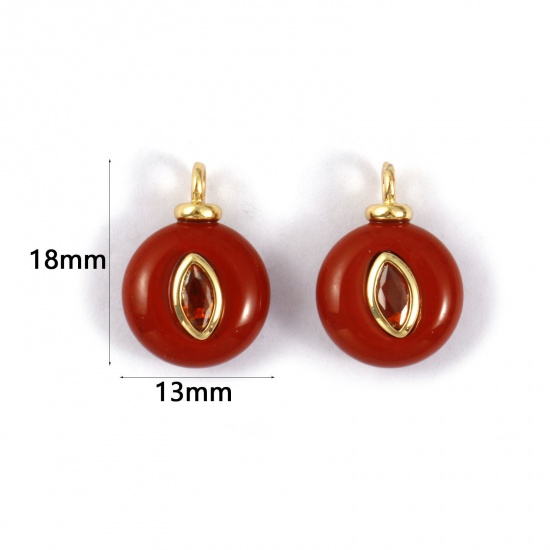 Picture of 1 Piece Eco-friendly Gemstone & Brass Geometric Charms 18K Real Gold Plated Brown Round Amber Cubic Zirconia 18mm x 13mm