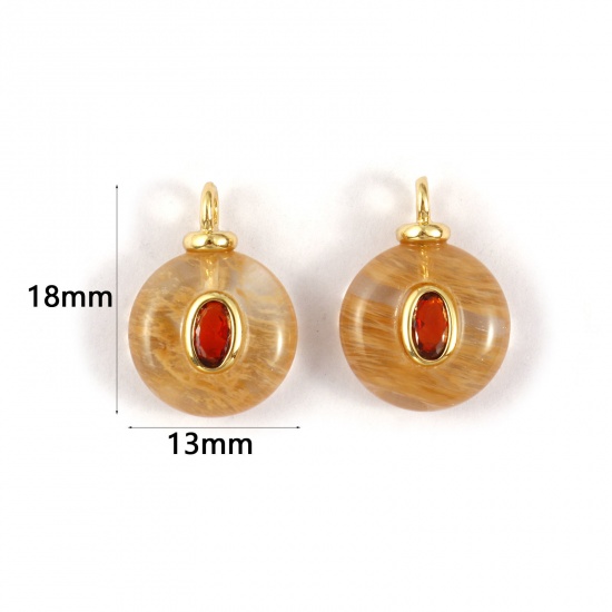 Picture of 1 Piece Eco-friendly Gemstone & Brass Geometric Charms 18K Real Gold Plated Beige Round Amber Cubic Zirconia 18mm x 13mm
