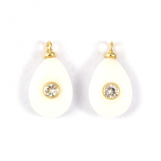 Picture of 1 Piece Eco-friendly Gemstone & Brass Geometric Charms 18K Real Gold Plated White Drop Clear Cubic Zirconia 23mm x 13mm