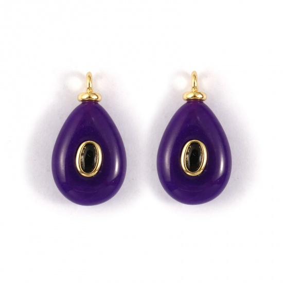 Picture of 1 Piece Eco-friendly Gemstone & Brass Geometric Charms 18K Real Gold Plated Blue Violet Drop Black Cubic Zirconia 23mm x 13mm