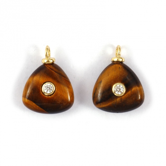 Picture of 1 Piece Eco-friendly Gemstone & Brass Geometric Charms 18K Real Gold Plated Light Brown Triangle Clear Cubic Zirconia 20mm x 15mm