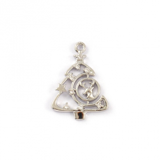 Immagine di 2 PCs Brass Charms Platinum Plated Christmas Tree Deer Micro Pave Clear Cubic Zirconia 21mm x 15mm