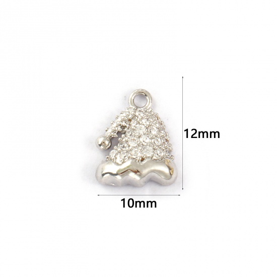 Immagine di 2 PCs Brass Charms Platinum Plated Christmas Hats Micro Pave Clear Cubic Zirconia 12mm x 10mm