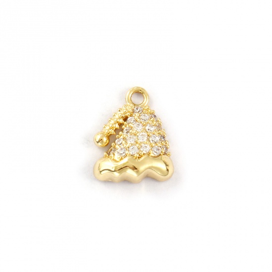 Immagine di 2 PCs Brass Charms 18K Gold Plated Christmas Hats Micro Pave Clear Cubic Zirconia 12mm x 10mm