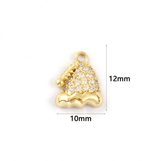 Immagine di 2 PCs Brass Charms 18K Gold Plated Christmas Hats Micro Pave Clear Cubic Zirconia 12mm x 10mm