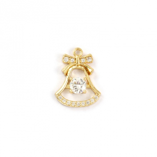 Immagine di 2 PCs Brass Charms 18K Gold Plated Christmas Jingle Bell Bowknot Micro Pave Clear Cubic Zirconia 18mm x 14mm