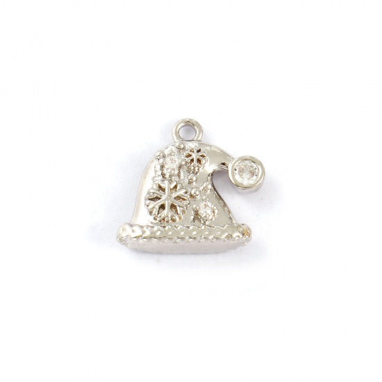 Immagine di 2 PCs Brass Charms Platinum Plated Christmas Hats Snowflake Micro Pave Clear Cubic Zirconia 14mm x 13mm