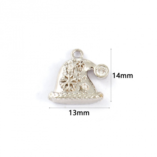 Immagine di 2 PCs Brass Charms Platinum Plated Christmas Hats Snowflake Micro Pave Clear Cubic Zirconia 14mm x 13mm