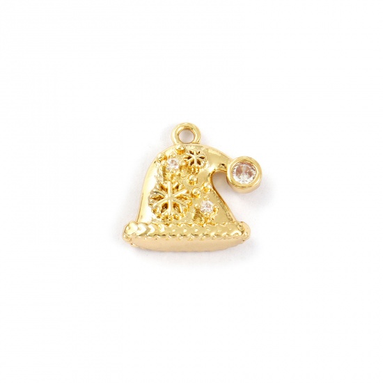 Immagine di 2 PCs Brass Charms 18K Gold Plated Christmas Hats Snowflake Micro Pave Clear Cubic Zirconia 14mm x 13mm