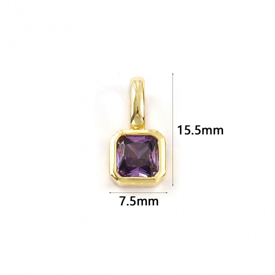 Изображение 1 ШТ Экологичный Латунь Камень рождения Подвески 18K настоящее золото с покрытием Квадратные февраль Фиолетовый Искусственный Циркон 15.5мм x 7.5мм